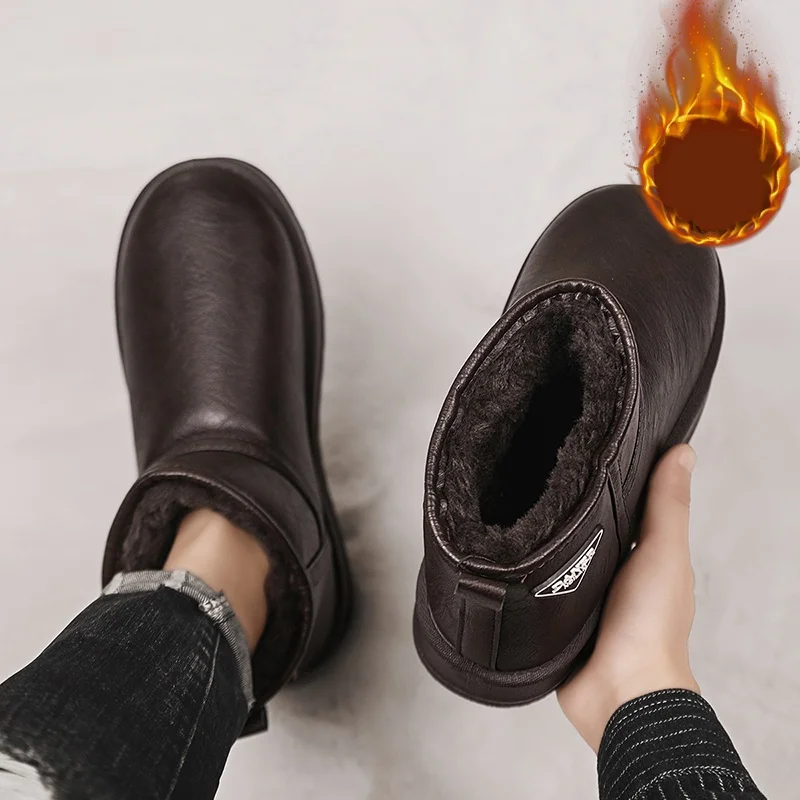 

Мужские большие хлопковые теплые кожаные непромокаемые зимние ботинки без шнуровки, хлопковые ботинки