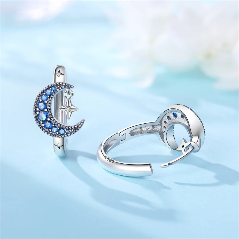 Real 925 Sterling Silver Hoop Earrings Moon Star Earrings For Women Engagement Wedding Party Birthday Gift Silver Jewelry