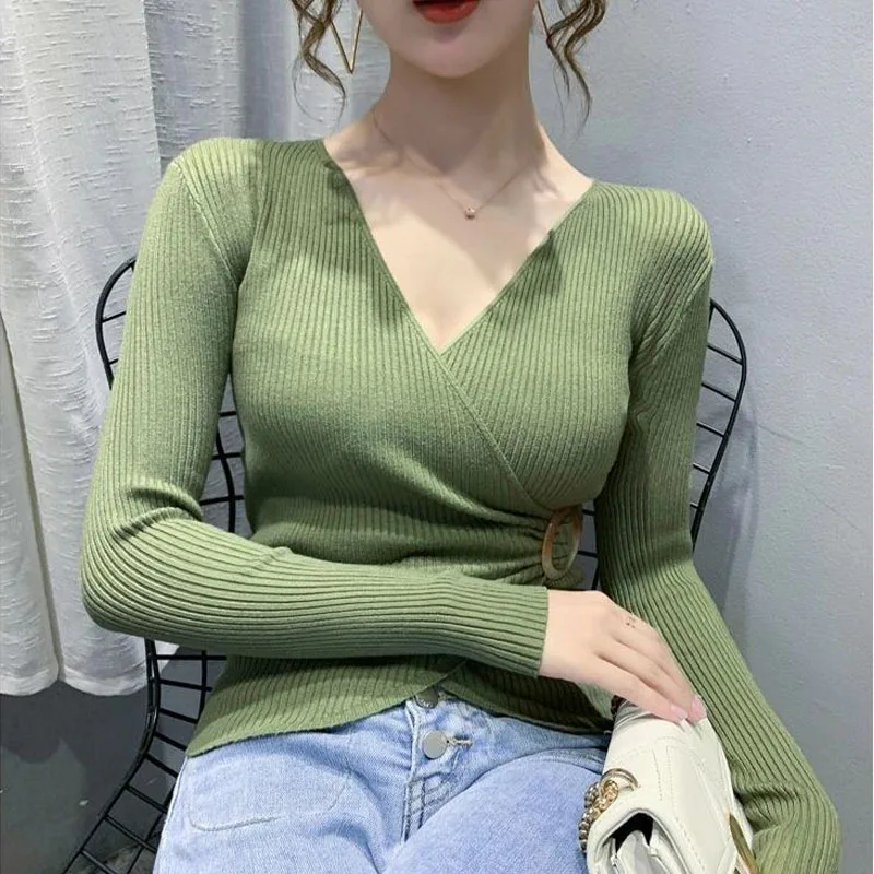 Women Clothing Fashion Chic V-Neck Knitted Top Spring Autumn Crossover Design Knitwear Lady Commute Simplicity Cozy Pullover