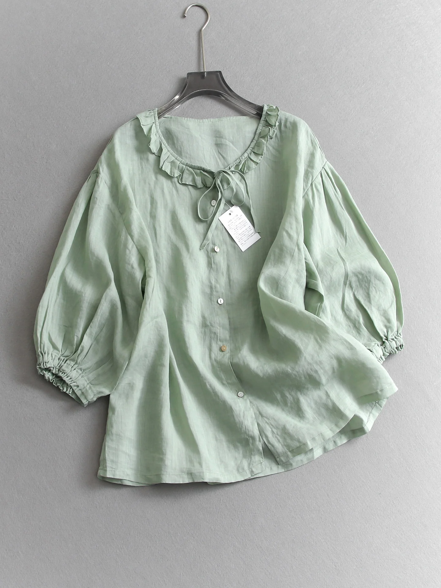

Slimming Pure Color Loose Fit Thin Cotton Shirt round Neck Seven Quarter Sleeve Anti Aging Women's French Style Bubble Sleeve...