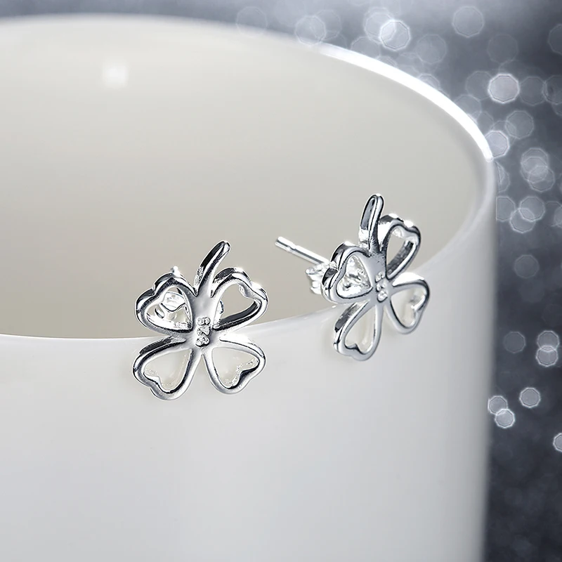 SHSTONE 925 Sterling Silver Hollow Four Leaf Clover Stud Earrings For Women Party Engagement Wedding Gift Fashion Jewelry