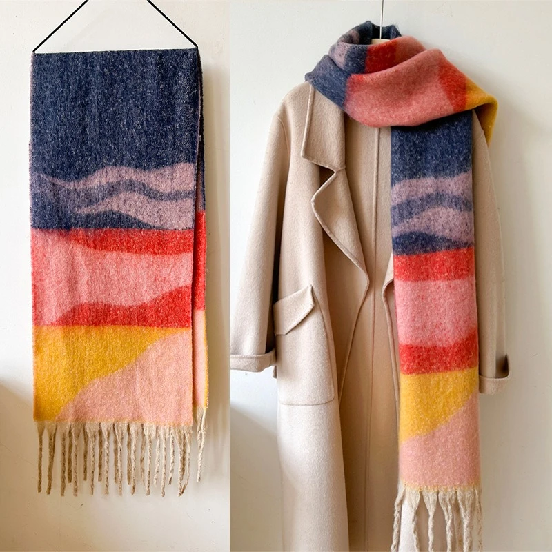 1Pc Winter Thick Warm Scarf for Women Cashmere Shawl and Wraps Pashmina Neckerchief Bufanda Female Rainbow Hairy Tassel Echarpe