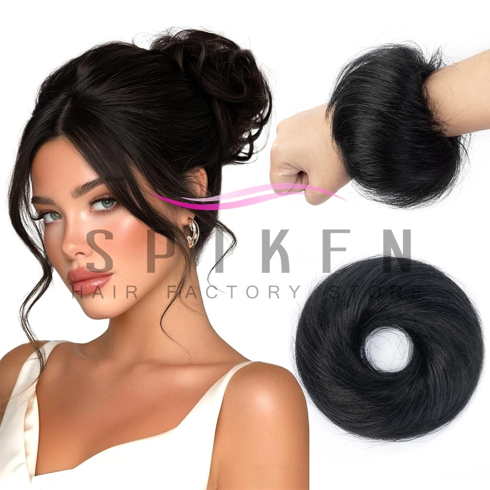SPIKFN Messy Hair Bun Hair Pieces Straight Scrunchie Updo with Elastic Rubber Band Extension Human Hair Ponytail Chignon Donut