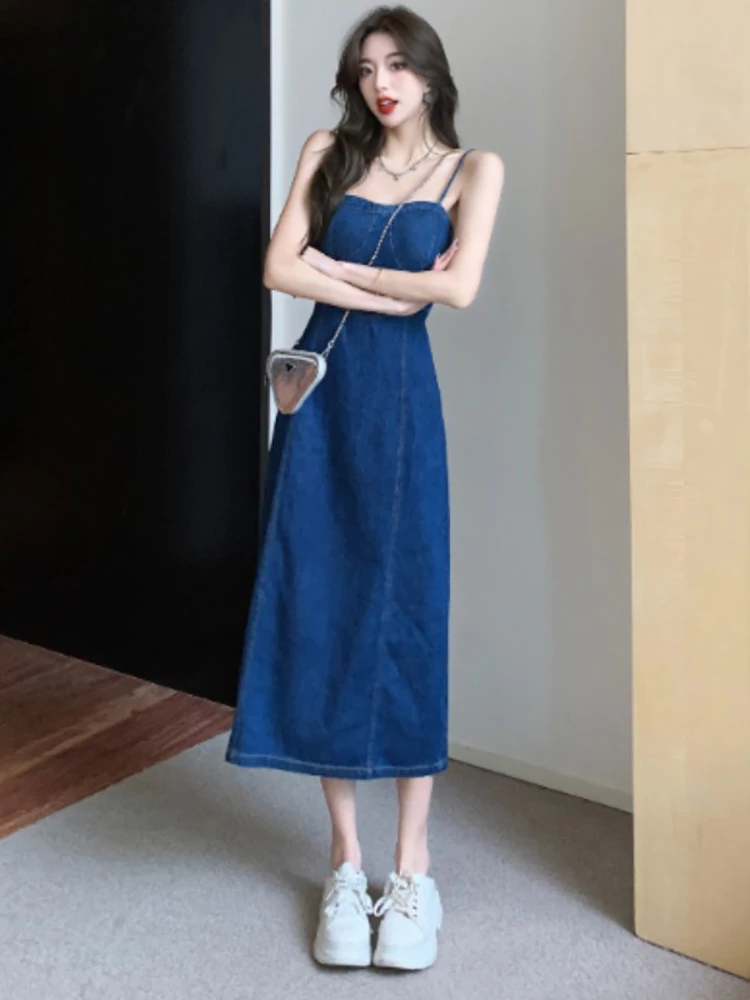 

Gentle Street Style Denim Halter Dress Women's High Waist A-Line Skirt Casual Pure Color Summer New Arrival