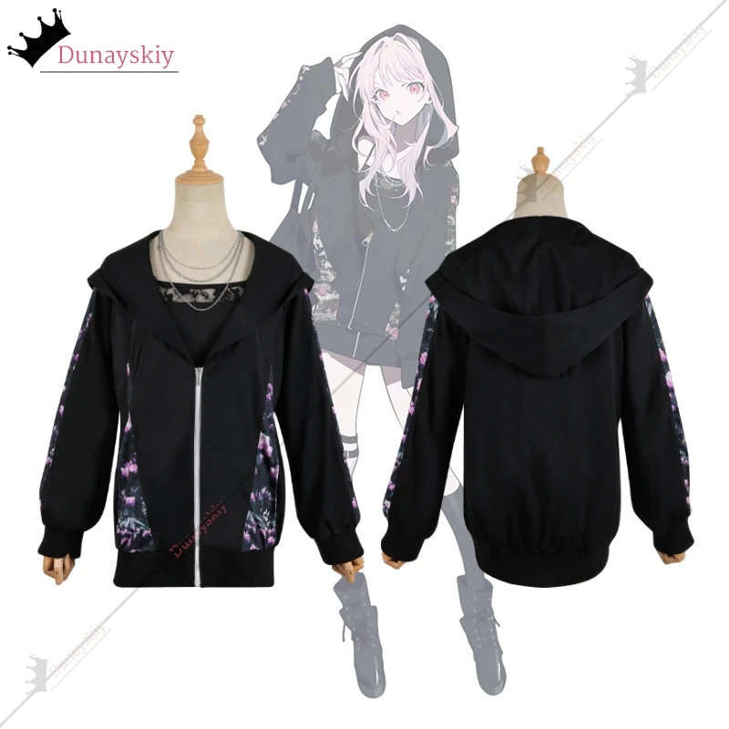 프로젝트 세카이 25 나이트코드 아키야마 미즈키 코스프레 코스튬 데일리 세트 블랙 후드티, 아키야마 미즈키 가발, 여성 크리스마스 할로윈