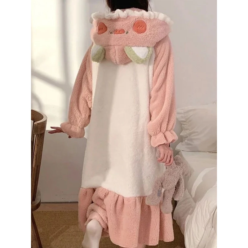 Pig Robe for Women Sleepwear Hooded Nightdress Winter Fleece Pajama Night Wears Warm One Piece Nightgown Ruffles Homewear 2024