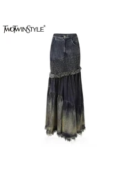 TWOTWINSTYLE Patchwork Tassel Elegant Denim Skirts For Women High Waist Spliced Button Streetwear Long Skirts Female Fashion New