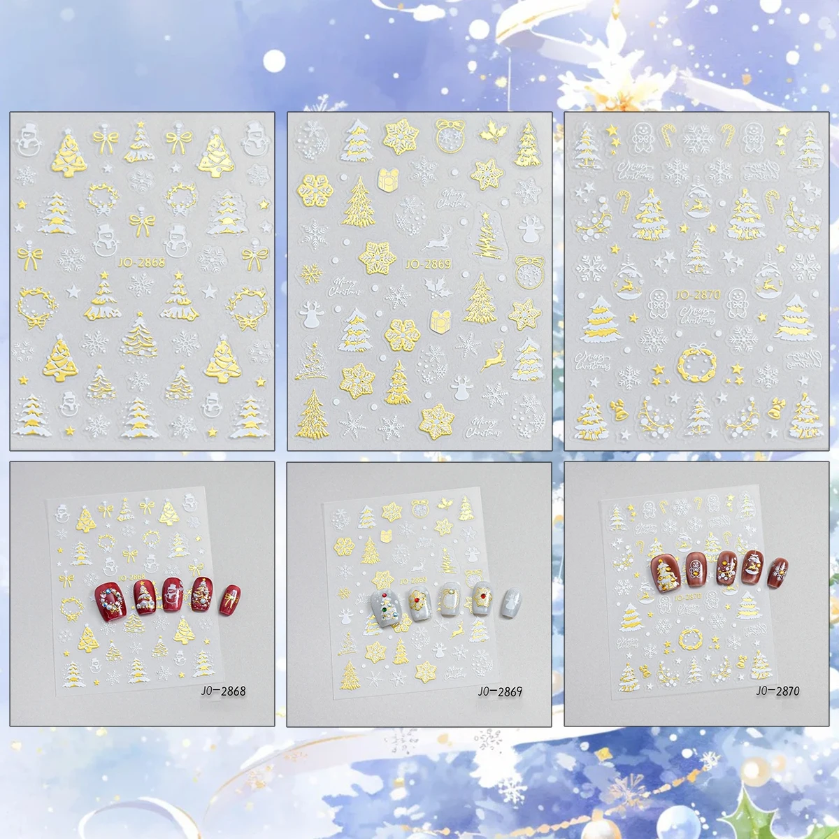 3 to 12 Sheets 3D Gold White Xmas Christmas Tree Snowflake Snowman Wreath Gingerbread Self-Adhesive Nail Art Stickers
