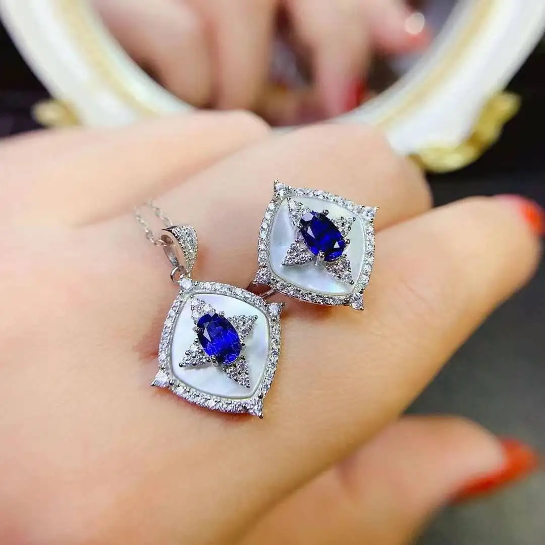 Trendy New Sapphire Set Natural Real Sapphire 925 Sterling Silver Women Party Jewelry set 1pc ring,1pc pendant