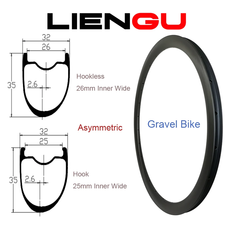 Gravel Bike Carbon Rim 700C 35mm Depth 32mm Width Hook 25mm Hookless 26mm Inner Wide Cyclo-cross Bicycle 700 Tubeless Rings