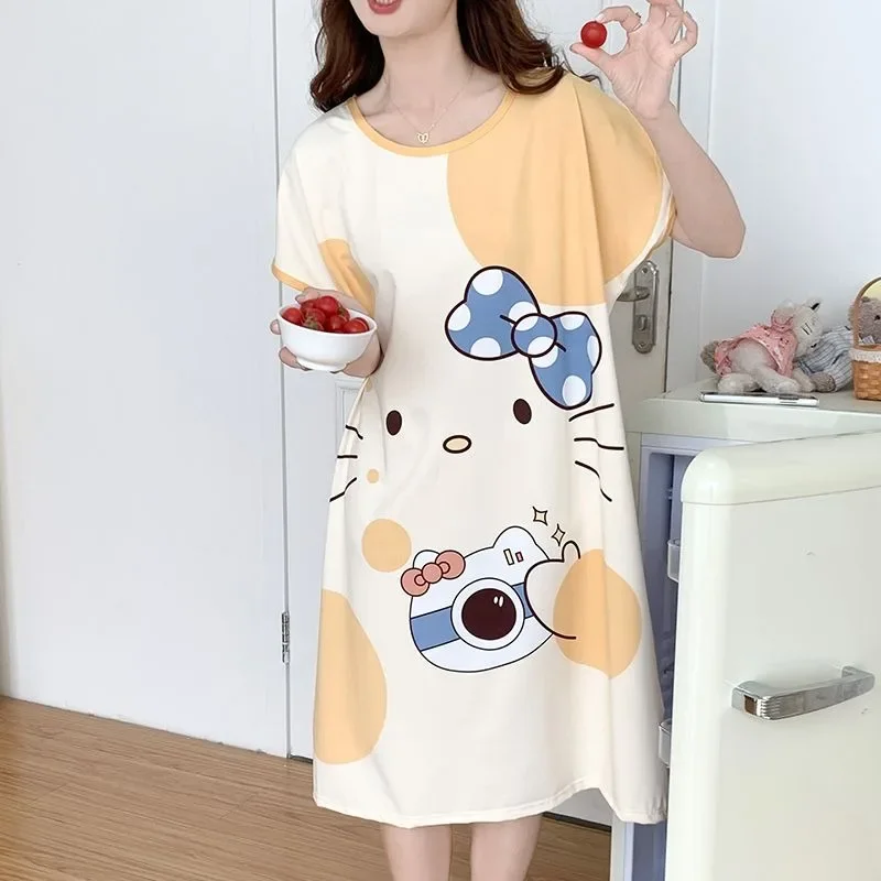 サンリオパジャマ女性の夏の新しいライトイエローハローキティパジャマドレス薄い緩いカジュアルな大きいサイズの学生部屋着