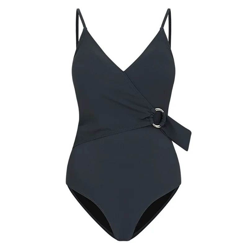 2024 New Korean Sexy Padded One Piece Swimsuit Black Slimming Monokini V Neck Swimwear Women Swim Bathing Belt Swimming Suit image 5