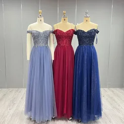 2024 In Stock Navy Blue Long Prom Dresses Off the Shoulder Tulle Embroidered Beading Back Zipper Formal Women Party Gown YQLNNE