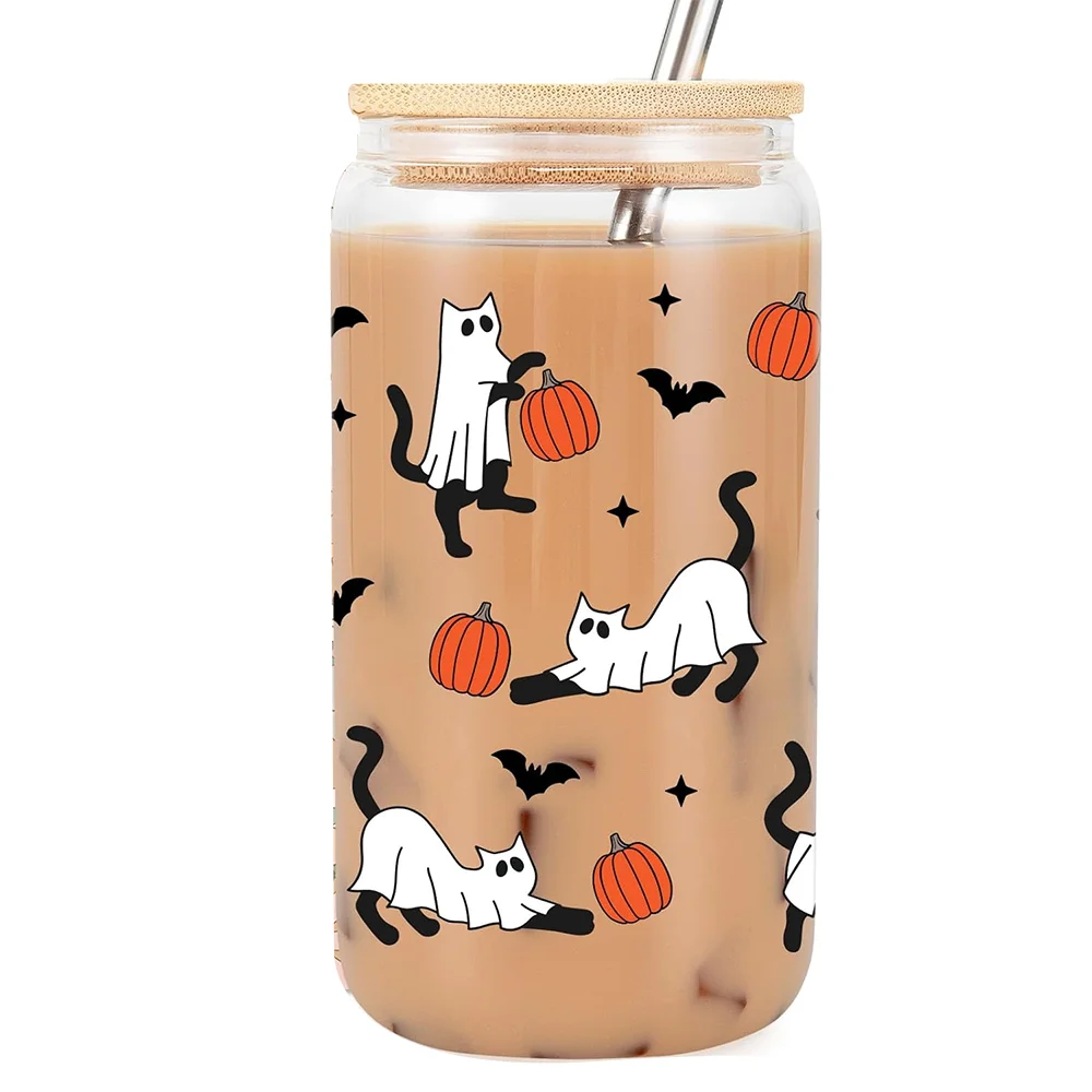 

Halloween Ghost Cat Iced Coffee Cup Spooky Coffee Glass Cup with Lid Straw Boo Spooky Gifts for Feline Lover Women Teen Decor