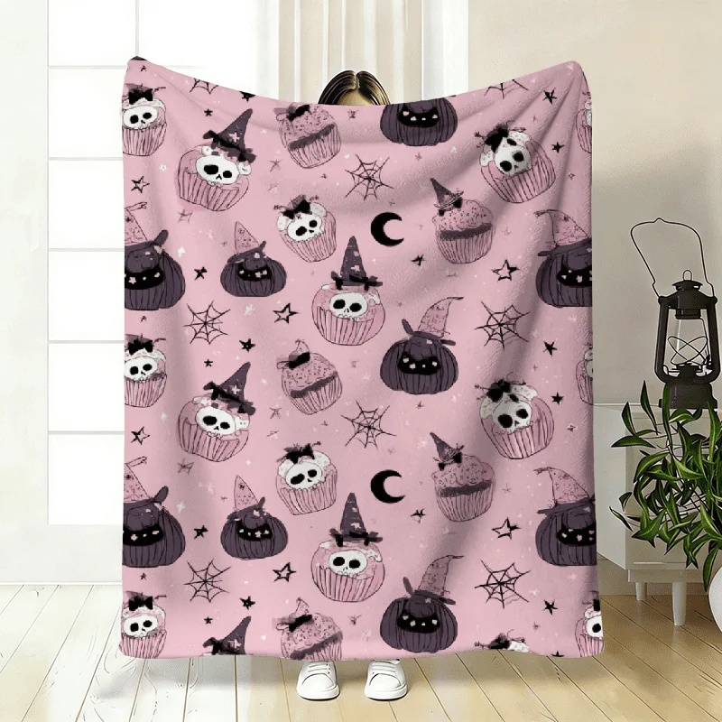 Soft Flannel Halloween Blanket, Pink Black Witch Hat Bats Pumpkins, Cozy All-Season Throw for Couch Bed Camping, Perfect