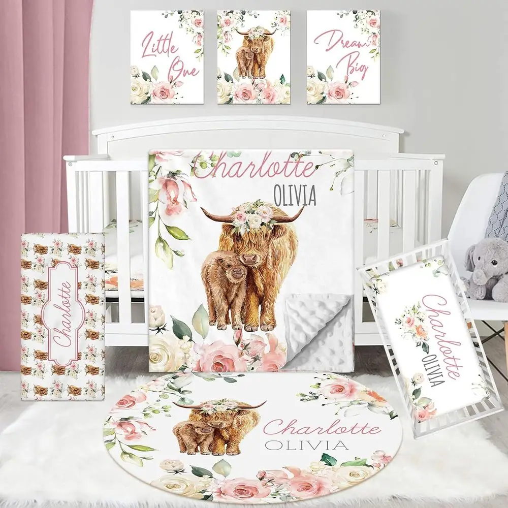 Custom 5-Piece Highland Cow Crib Bedding Set with Name, Suitable for Nursery, Unisex Design