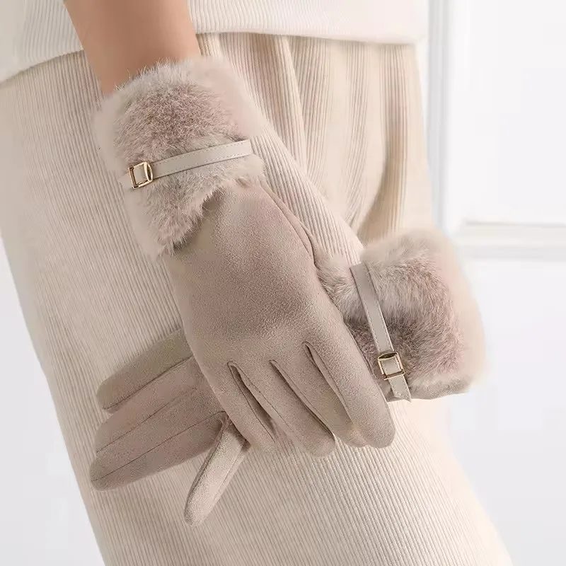 Winter-Plüsch-warme Handschuhe für Damen, dicker Touchscreen, Metallschnalle, Dekoration, Touchscreen-Handschuhe, winddichtes Pendelzubehör
