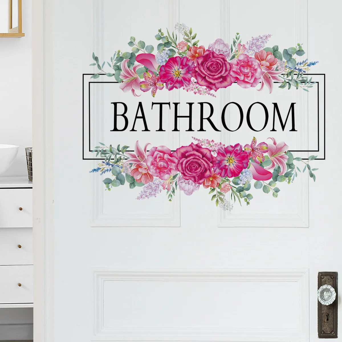 Pink Floral Bathroom Door Wall Stickers, Watercolor Flower & Eucalyptus Decor