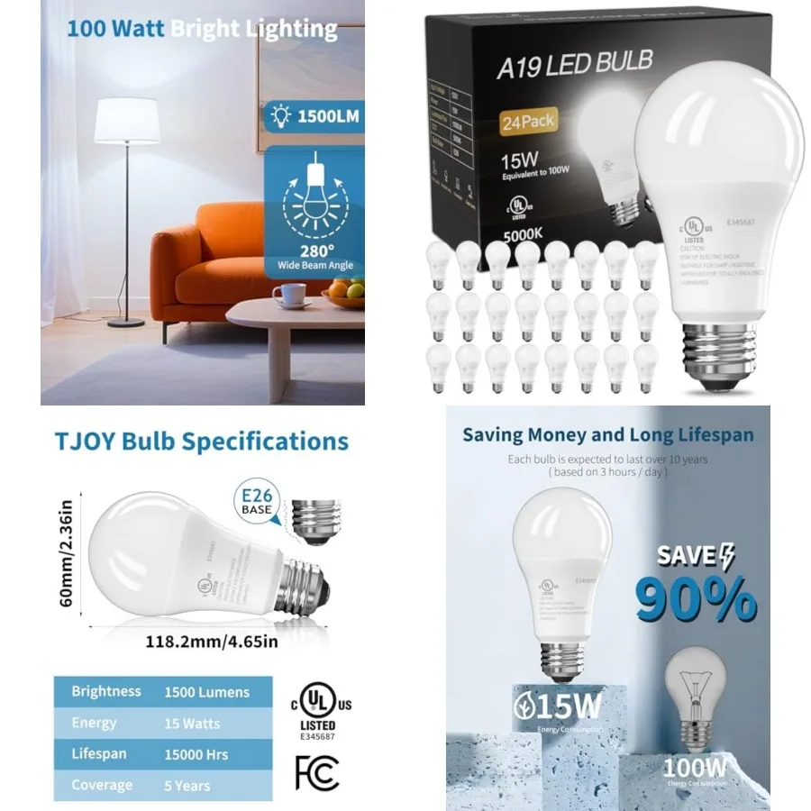 2 LED Light Bulbs, 100 Watt Equivalent A19, LED Bulb, 15W Bright White Energy Saving Lightbulbs with E26 Standard Base, 1500 Lu