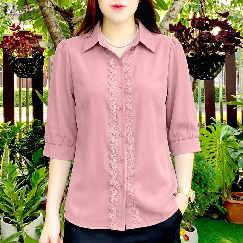 

ZANZEA Women Shirt Fashion Lace Patchwork Summer Autumn 3/4 Sleeve Tops Turn-down Collar Tee OL Work Party Shirts Streetwear