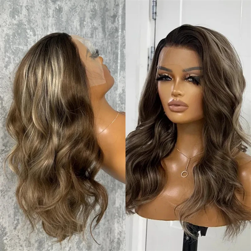 

Realistic Hairline Dark Brown with Blonde Streaks Balayage Soft HD Lace Front Wig Good Quality Synthetic Wig Ready to Ship Party