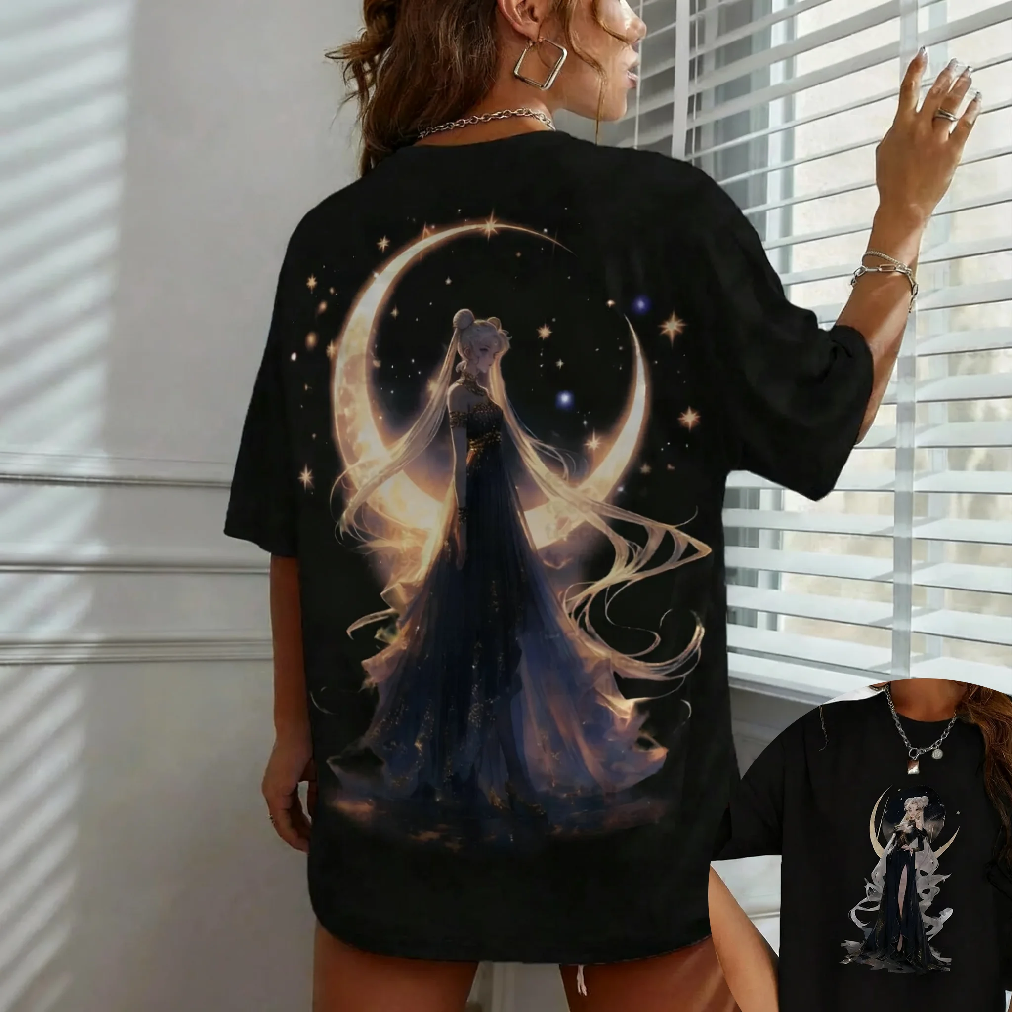 

Sailor Moon Anime Style Retro Printed T-shirt Off-the-shoulder Dress, Extra-large Size for Men, Women, Adults and Children