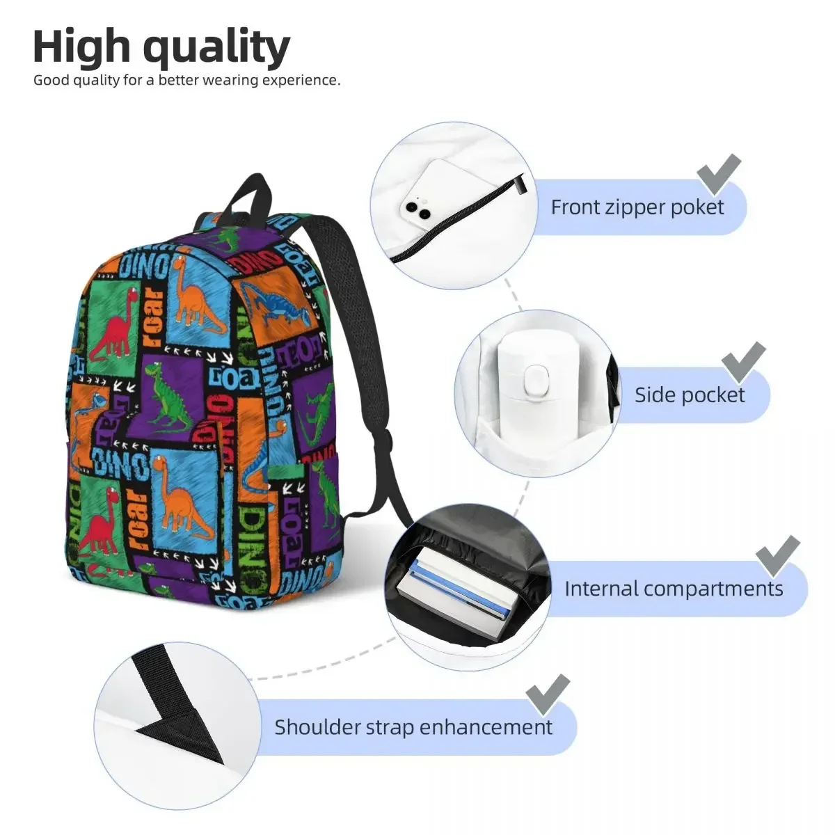 Mochila escolar de dibujos animados para adolescentes y estudiantes, bolsa a cuadros de dinosaurio divertido, mochila de día, viaje universitario medio alto