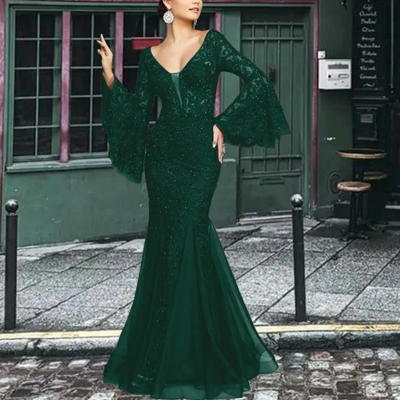 Abito da sera lungo elegante da donna, sexy, con maniche a campana, ricamo in pizzo, vita alta, vestito lungo, per invitati a matrimoni, feste formali