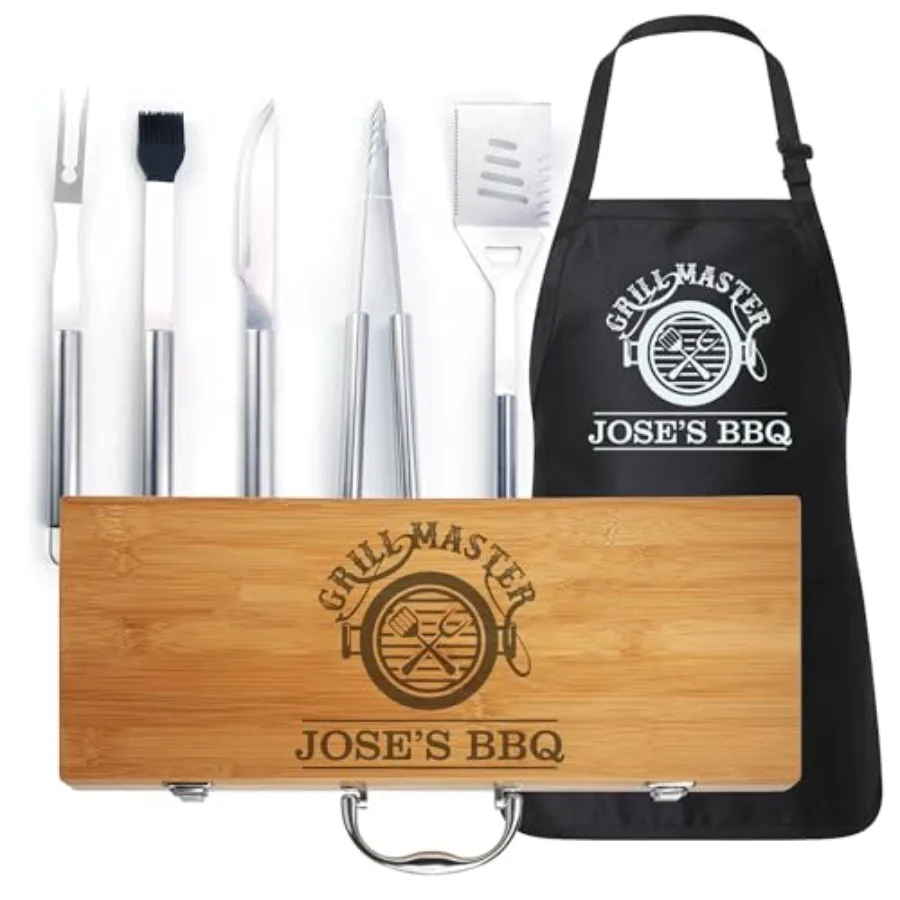 

Персонализированный набор инструментов для барбекю с соответствующим фартуком цвета угольно-черный для пап — уникальный подарок на День отца с индивидуальной гравировкой