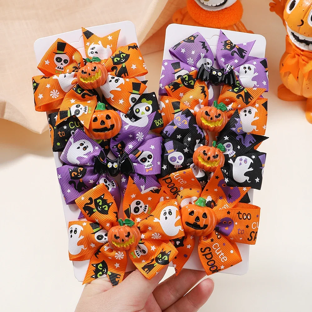 

4Pcs/set Halloween Ribbon Kids Bows Hairclip for Girl Funny Pumpkin Hairpin Cheer Bowknot Hairgripe Headwear Hair Accessories