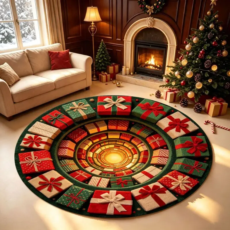 VIKAMA Christmas Round Rug 3D Optical Illusion Train Gift Box Pattern for Home Xmas Holiday Living Room Decorative Floor Mat