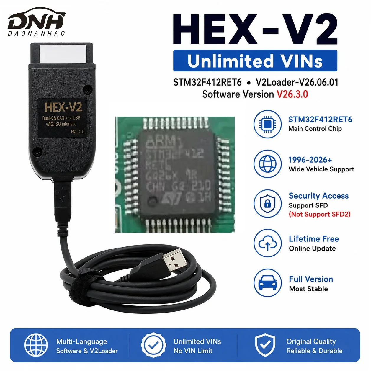 HEX V2 STM32F412RET6 V26.3.0 Chip OBD2 Diagnostic Scanner Unlimited VINs Auto Coding Tool For VAG Cars