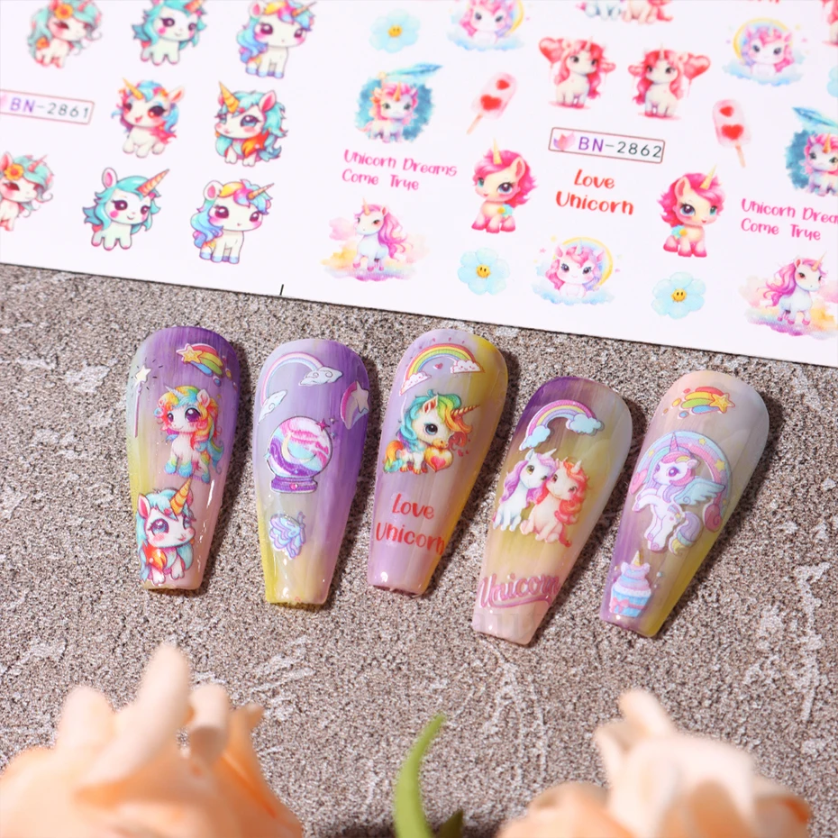 12 Designs Pink Unicorn Water Transfer Slider Rainbow Horse Ice Cream Heart Cartoon Anime Nail Sticker Polishing Nail Decoration