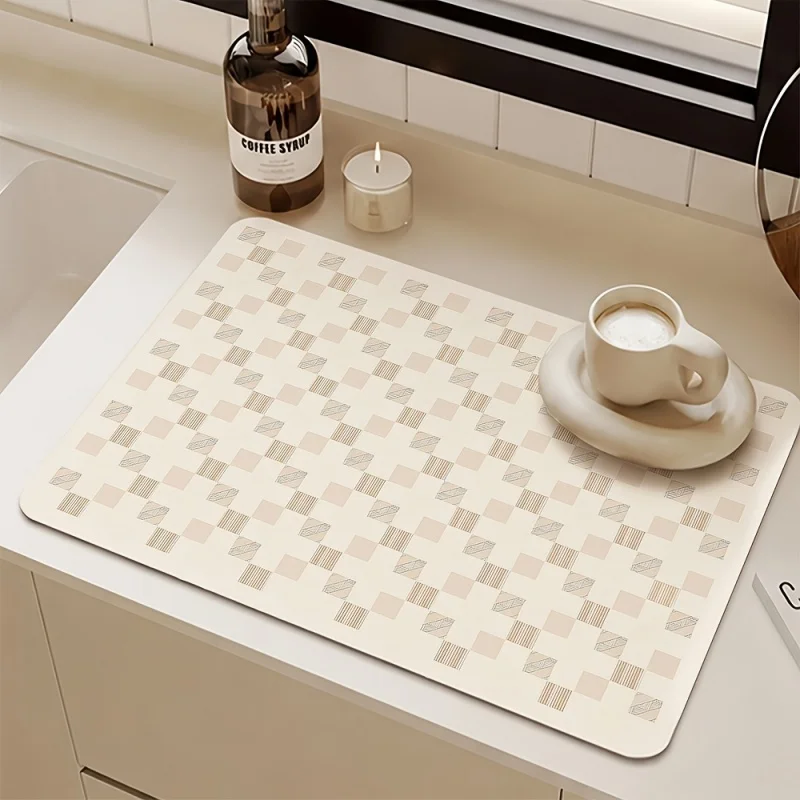 Drying Mat Beige Checkered Texture Print Tableware Drain Pad for Kitchen Countertop Coffee Bar Decor