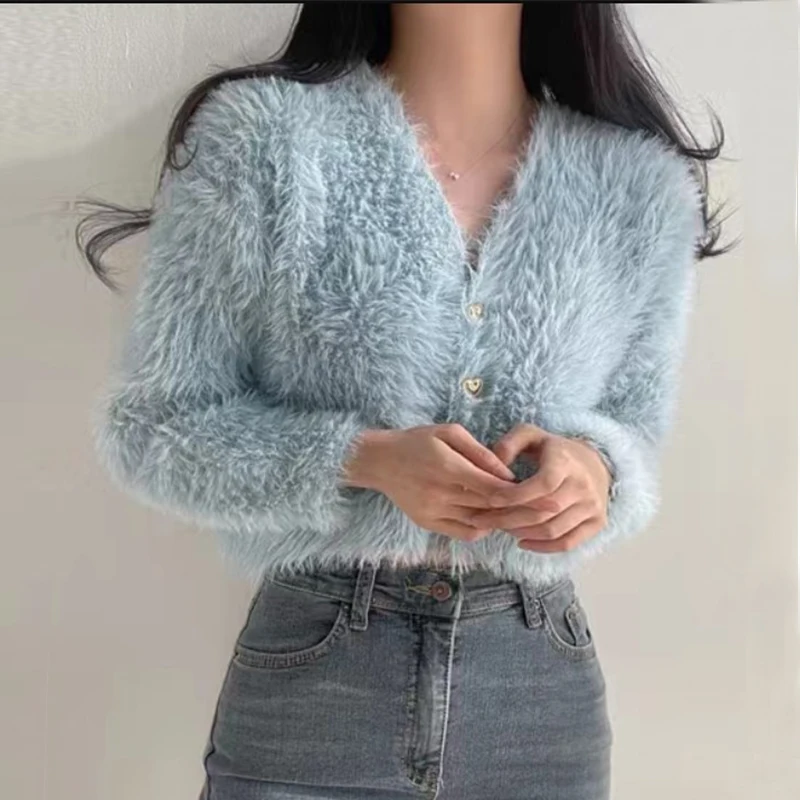 Fluffy Mohair Cardigan V-Neck Gold Button Up Fuzzy Sweater for Women Autumn Winter