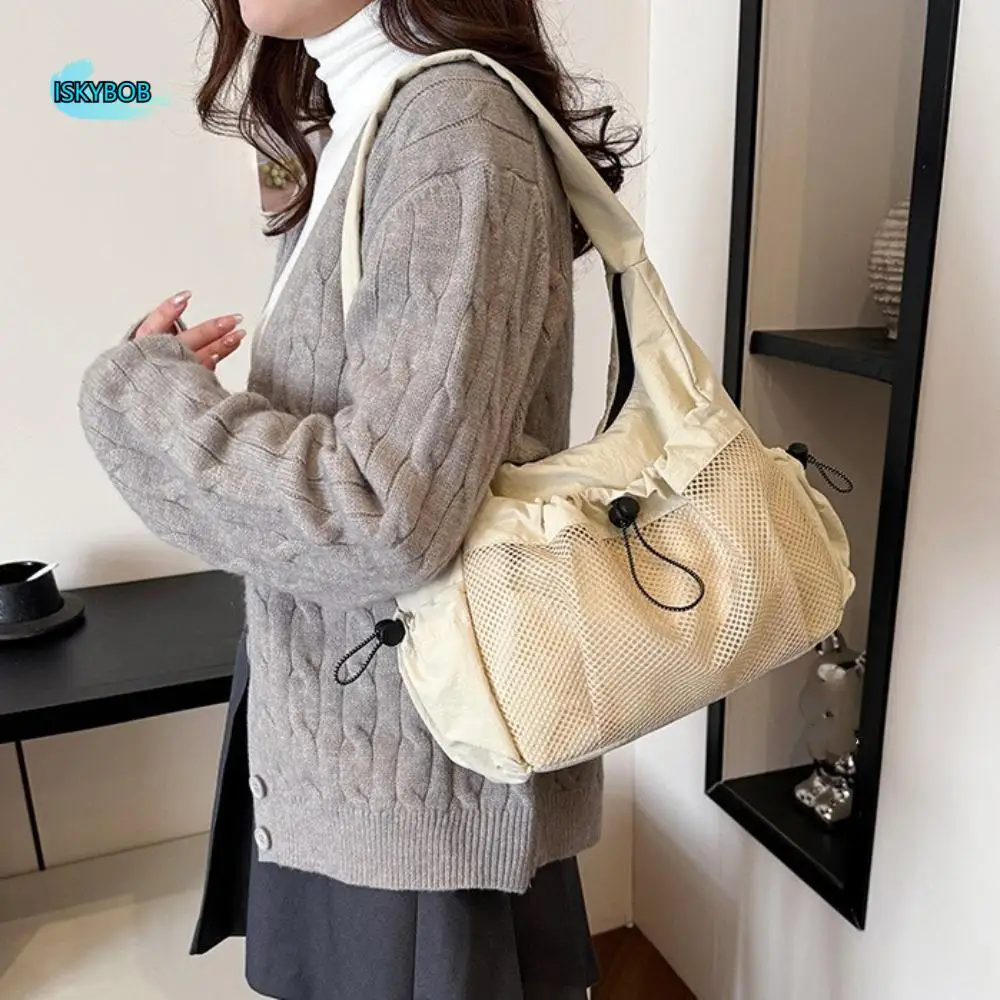 

Korean Style Nylon Pleated Crossbody Bag Soft Drawstring Underarm Tote Bag Large Capacity Casual Half Moon Bags Outdoor