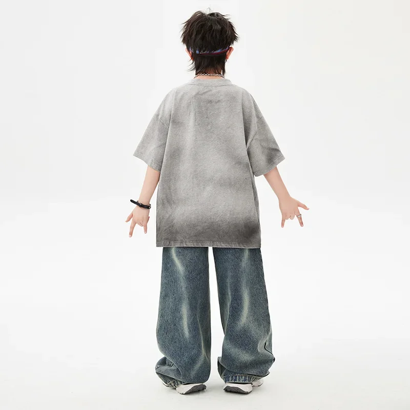 Abbigliamento per ragazze Hip Hop Costume da ballo di strada jazz per bambini T-shirt grigia oversize Pantaloni in denim blu per outfit da spettacolo per ragazzi