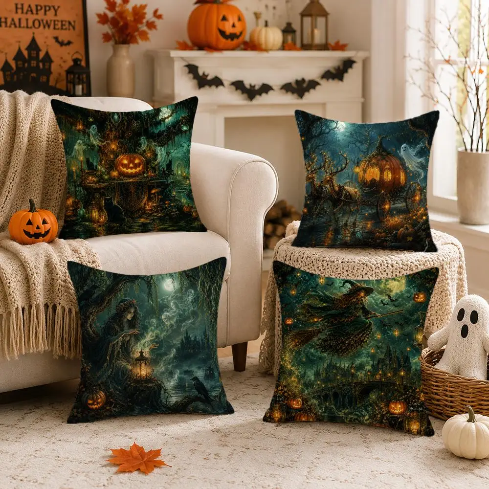 Dark Magical Halloween Witch Pumpkin Forest Cushion Cover Skin-Soft Pillow Cover Festive Home Accent Great Gift for Sofa Bed