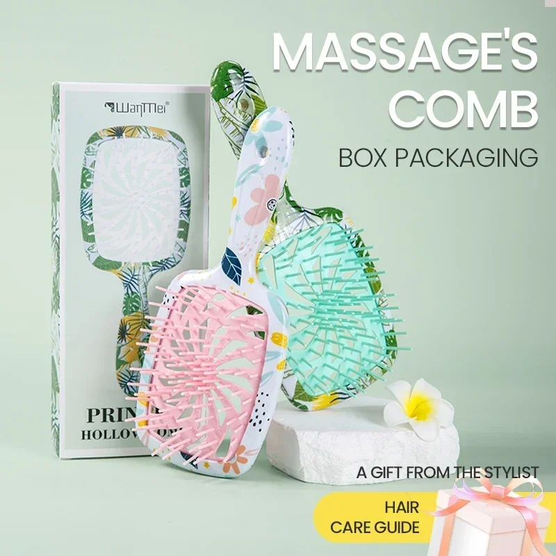 Vented Hollow Detangling Hairbrush Scalp Massage Comb Printed Pattern Wet Dry Use Gift Box
