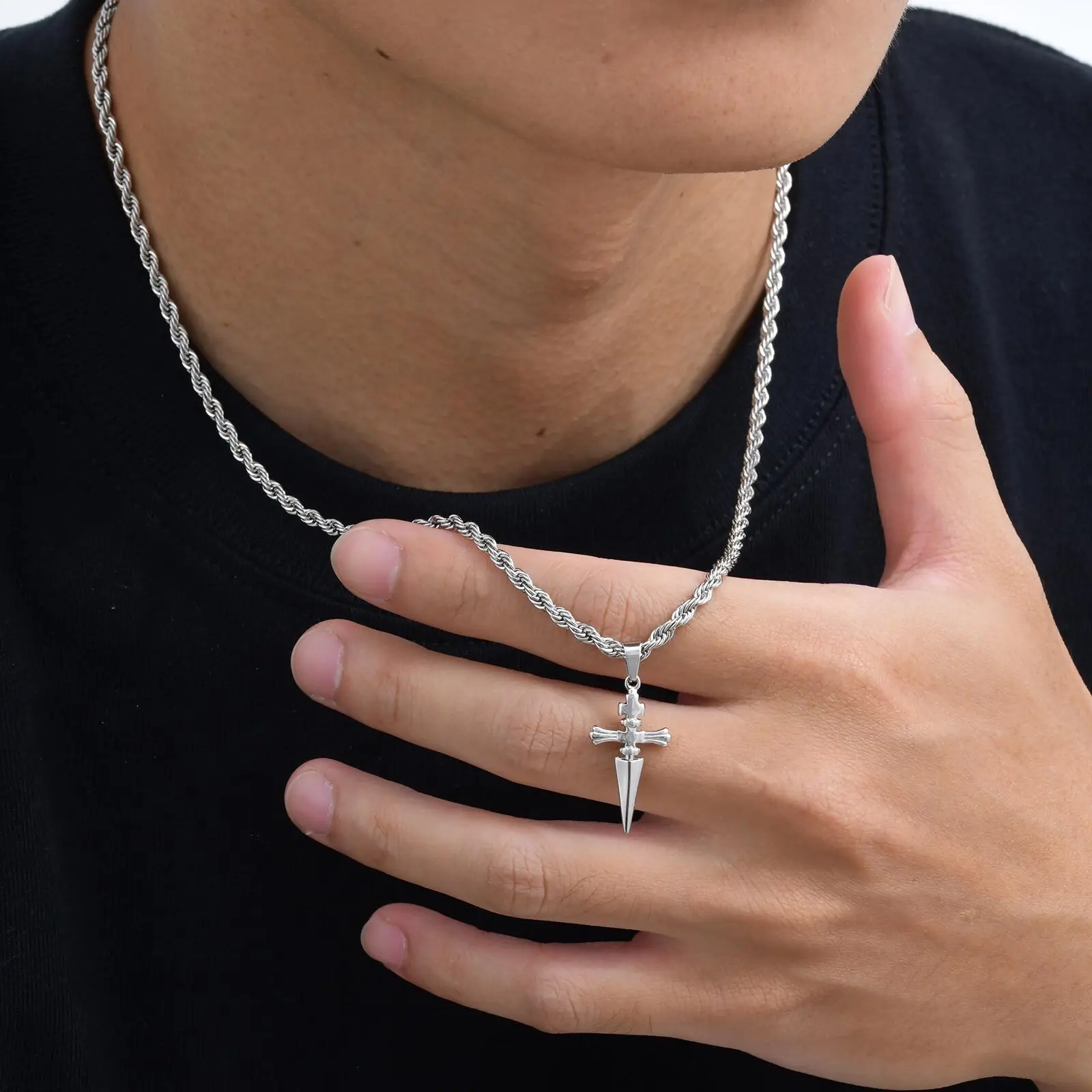 Vnox Punk Sword Pendant Necklace Stainless Steel Twisted Chain for Men Women, Unisex Jewelry Gifts for Birthday Valentines Day - Image 2