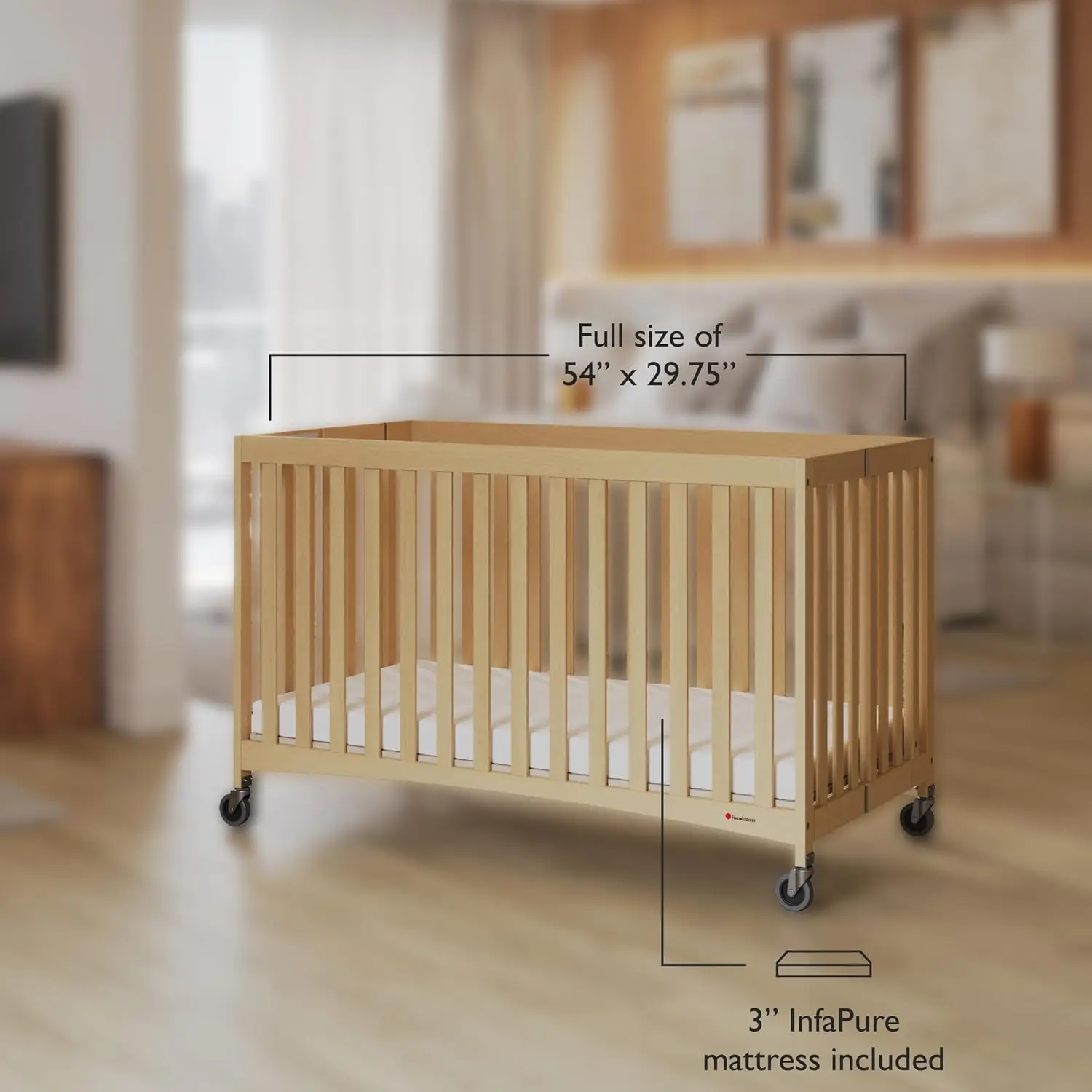 Foundations Travel Sleeper Full-Size Wooden Folding Crib, Portable Baby Crib with 3” InfaPure Foam Crib Mattress