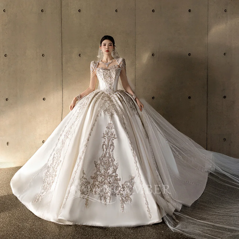 Exquisite Ivory Ball Gown Customized Wedding Dress Corset Long Sleeves Beading O-Neck Satin Train vestidos de novia boda