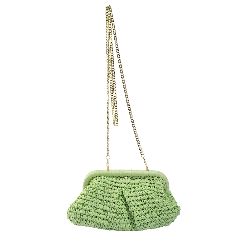 

Women Straw Crossbody Bag Large Capacity Cloud Dumpling Pouch Solid Color Weaving Shoulder Bag Chain Strap for Summer Vacation