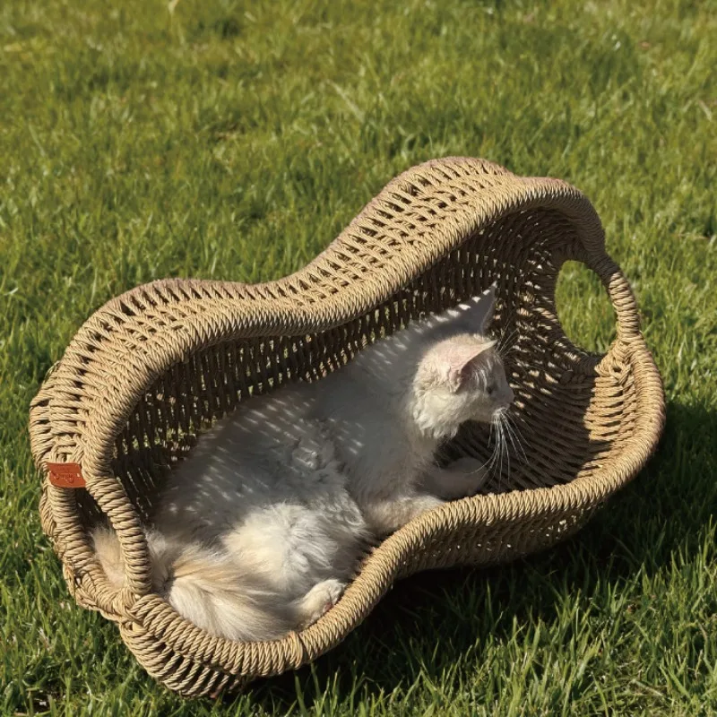 Peanut Shaped Handwoven Rattan Cat Bed with Washable Cushion Sturdy Anti‑rust Frame Breathable Sleeping Cats Beds Home Decor