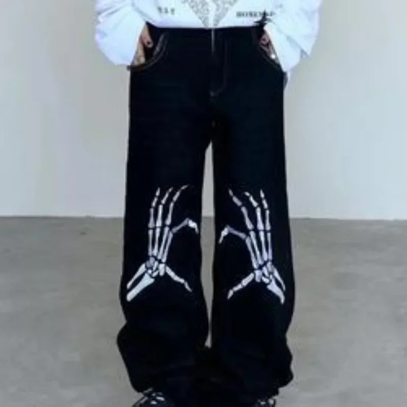 Korean Hiphop Streetwear Women Jeans Spring New Straight Pants Y2K Vintage Loose Oversize Print Casual Wide Leg Trousers