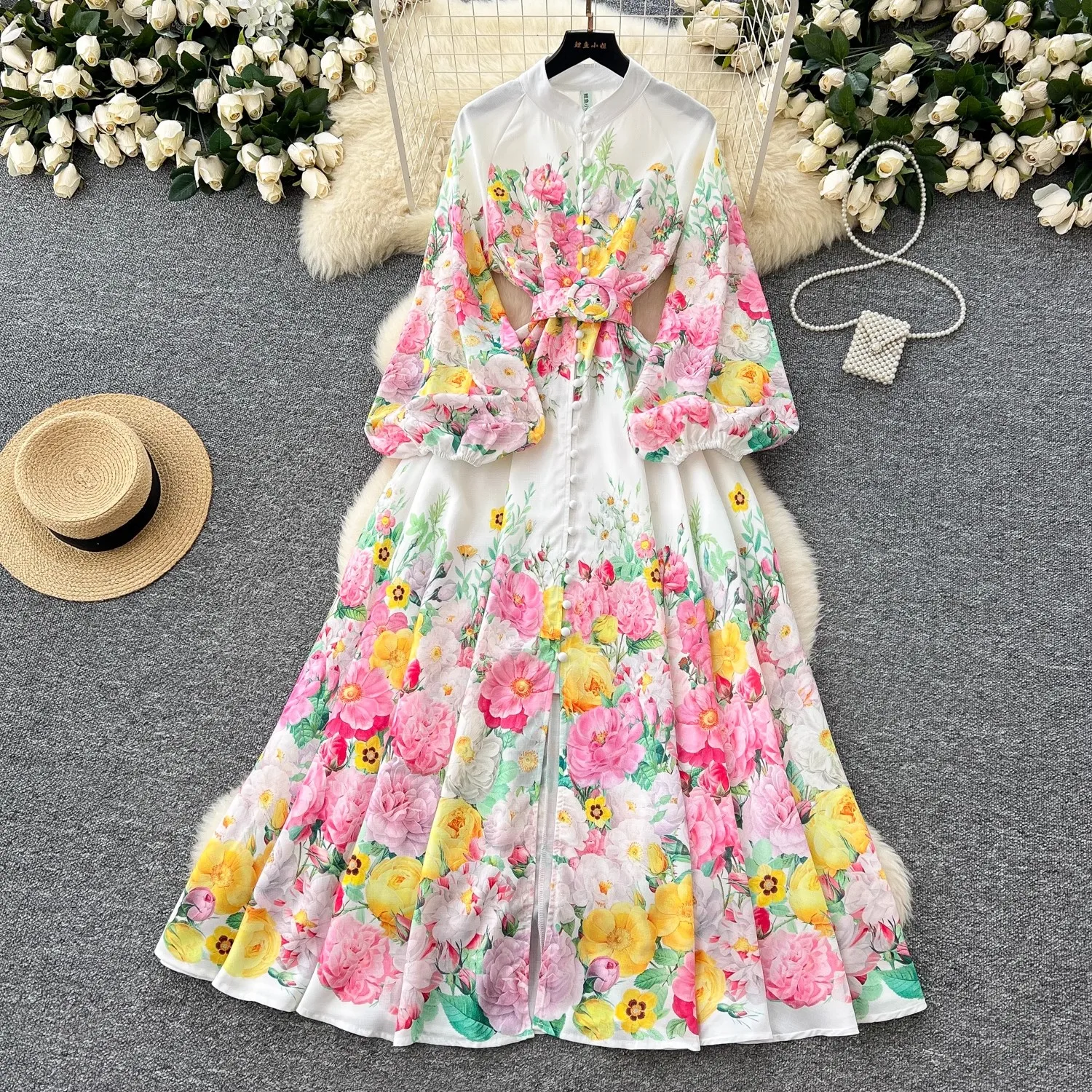 

Gorgeous Holiday Flower Linen Dress 2025 New Spring Women's Stand Collar Long Lantern Sleeve Floral Print Belt Maxi Robe Vestido