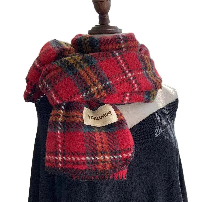 Bufanda a cuadros roja de felpa Simple, bufandas gruesas de lana de Cachemira, chal largo cálido a prueba de viento para mujer