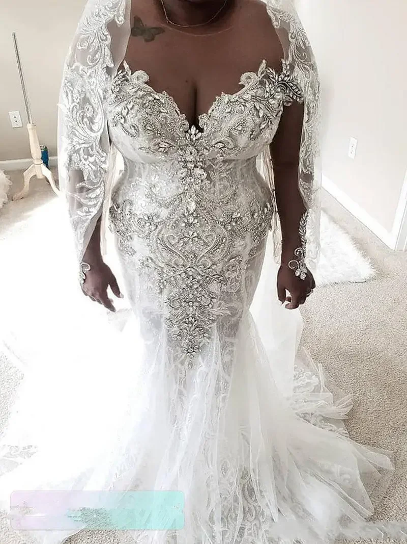 Customized See Through Lace Mermaid Plus Size Wedding Dress With Crystals Beading Sweep Train Long Sleeves African Bridal Gown