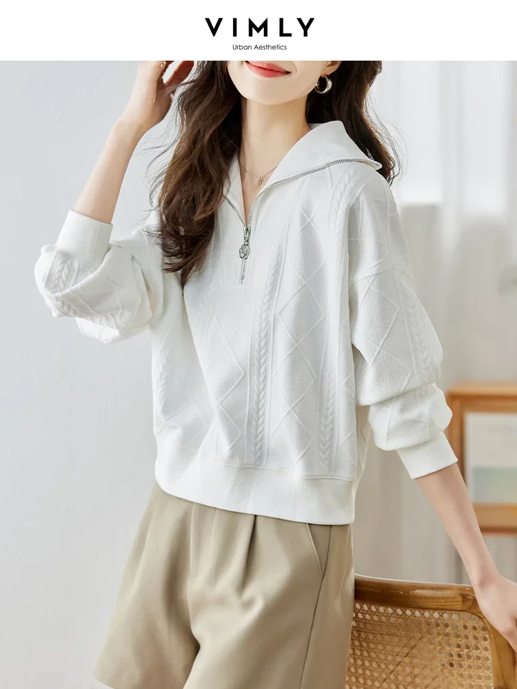 Sudadera blanca con textura brillante para mujer, Top de manga larga con media cremallera y solapa, moda de primavera, M2558, 2024