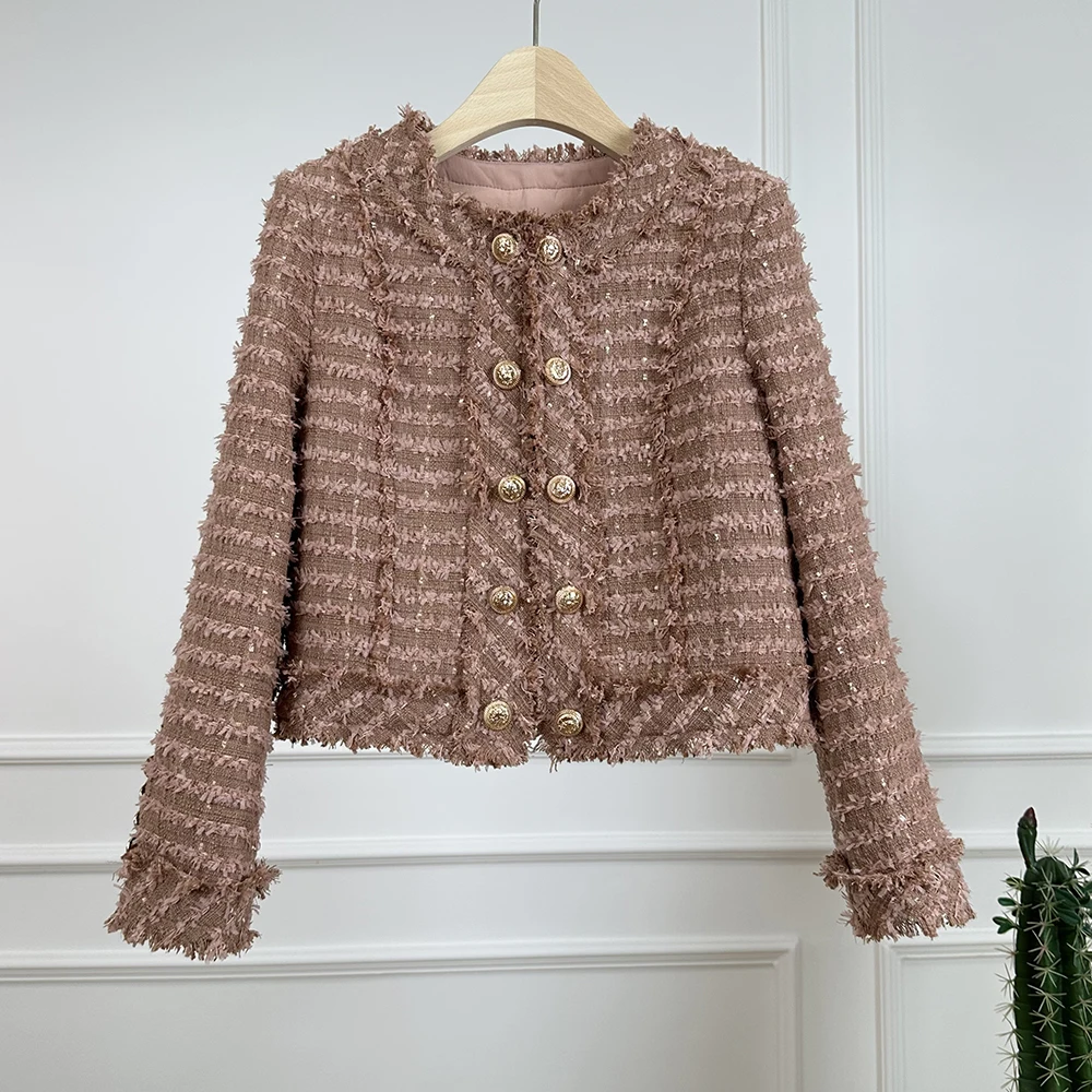 

French High Quality Autumn Winter Woolen Tassel Outwear Luxury Women Round Collar Double-Breasted Tweed Fringe Short Jacket Coat